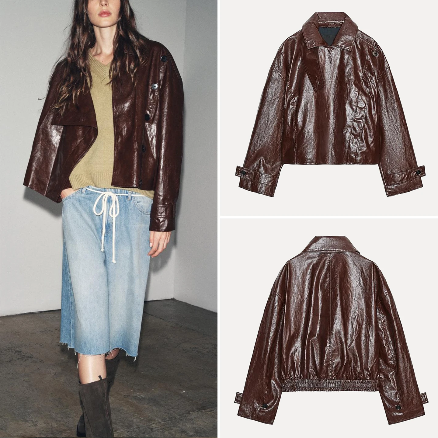 

Женская мода Z Personali, милая глянцевая джинсовая куртка, новинка 2025, универсальная тщательная хрустящая рубашка свободного покроя