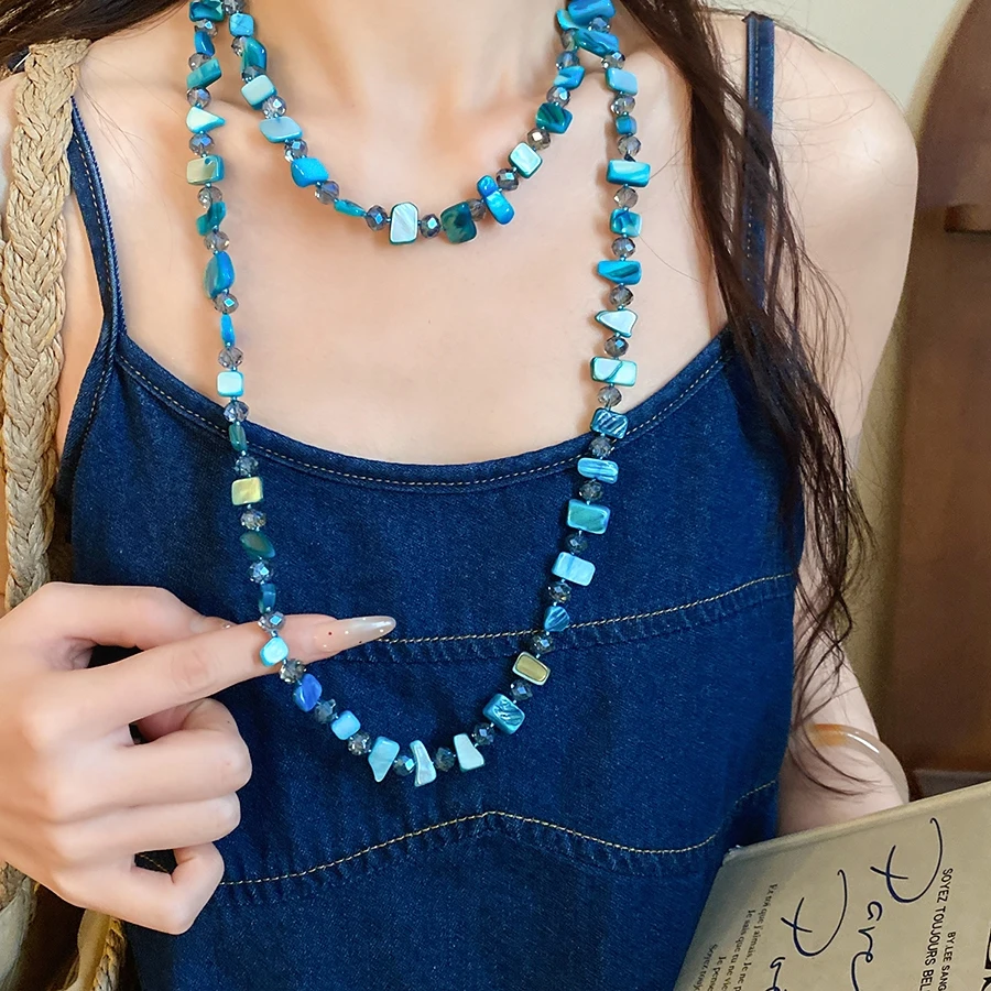 Women's Bohemian Irregular Blue Green Shell Glass Bead Multi-layer Clavicle Necklace Vacation Fashion Accessory for Beach