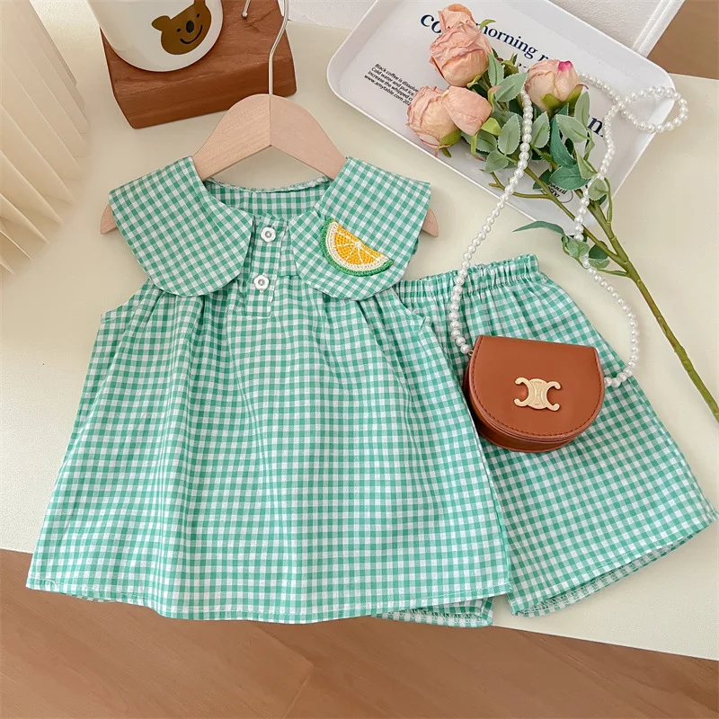 Girls Plaid Suit Summer Baby Girl Doll Collar Sleeveless Top Shorts Two-Piece Set