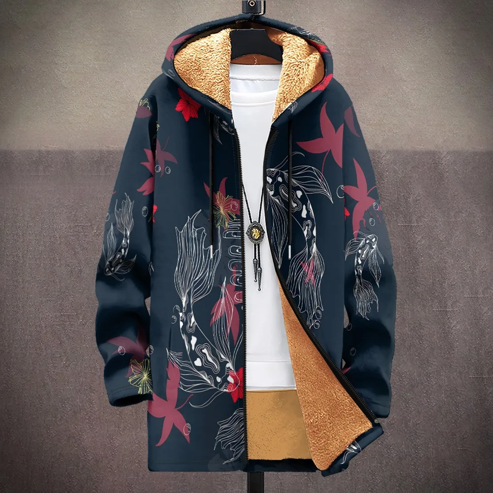 Men Cardigans Coats Koi Fish Printed Plush Thick Winter Geometric Abstract Art Graphic Jackets Casual Streetwear Unisex Clothing