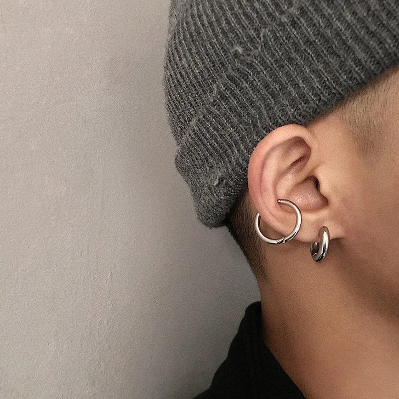 Men\' s Earrings Stainless Steel Chunky Hoop Earrings For Man Round Circle Ear Hoops Punk Hip Hop Jewelry Couple Accessories