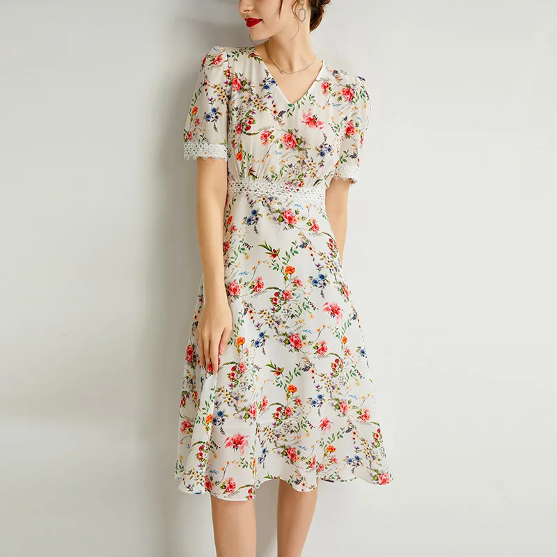 Robe en soie pure pour femme, col en V, manches bouffantes, taille mince, robe appliques, soie de mûrier, crêpe de Chine, FS2314