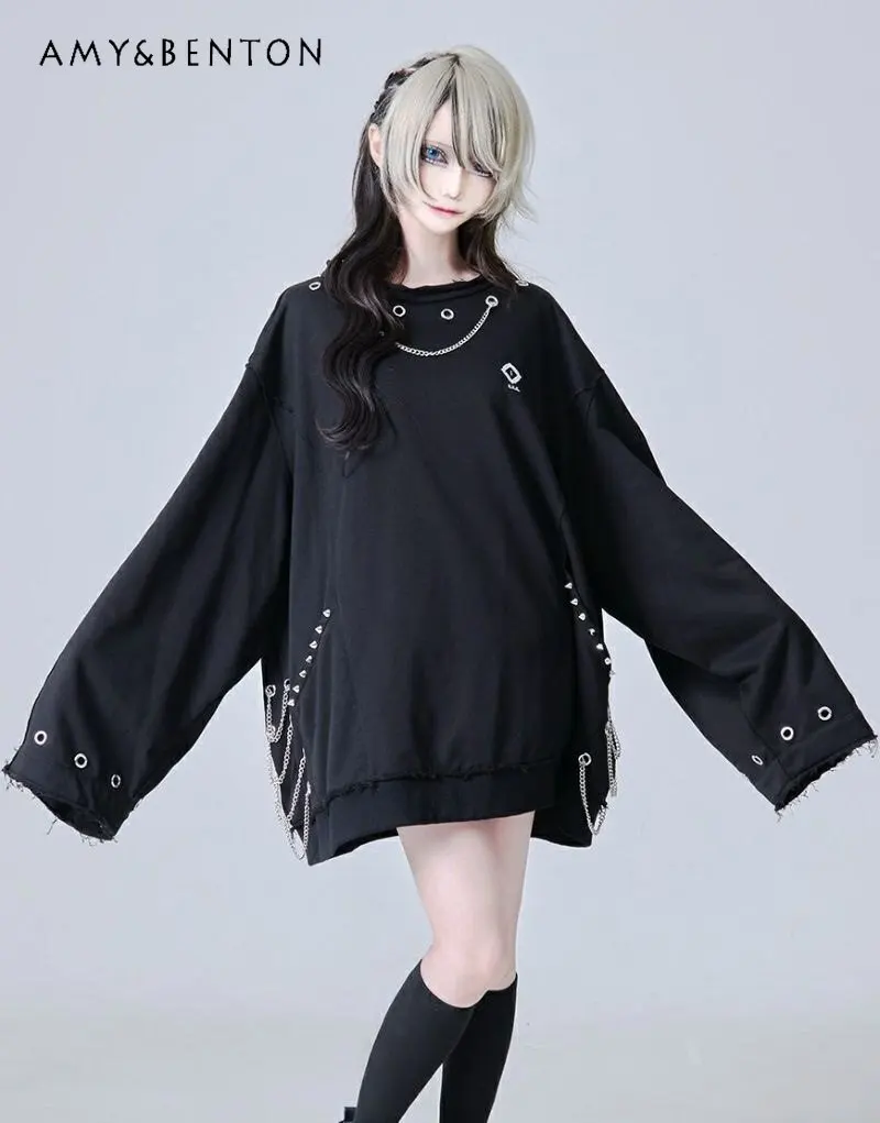 Japanese Mine Series Mass-Produced Subculture Dark Punk Vintage Chain Pendant Sweatshirt Punk Style Y2K Oversized Crew Neck Top