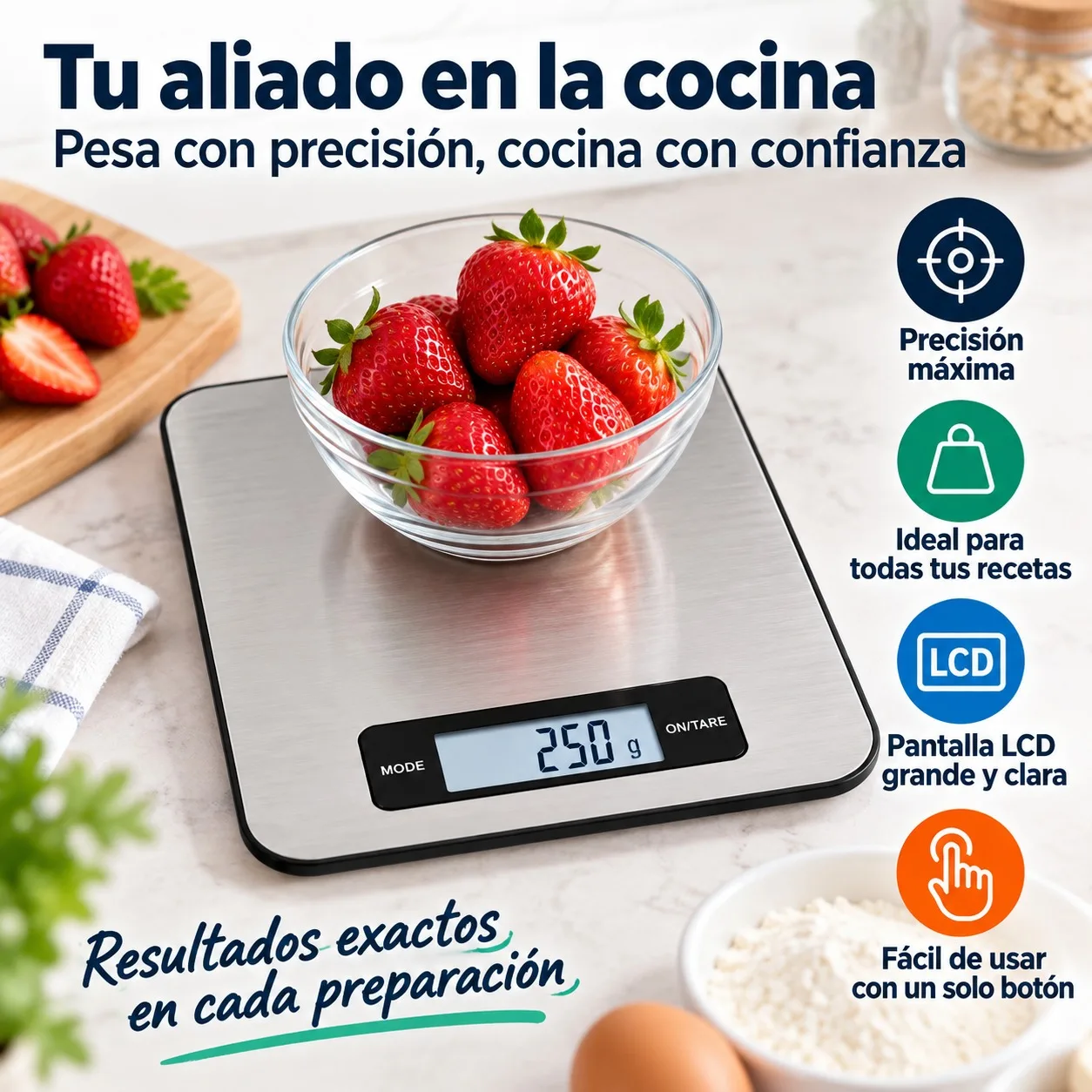 Bilancia da cucina digitale ad alta precisione, in acciaio inossidabile, con display LCD, funzione di taratura e diverse unità di misura (g, oz, lb, ml), ideale per la preparazione di dolci, per