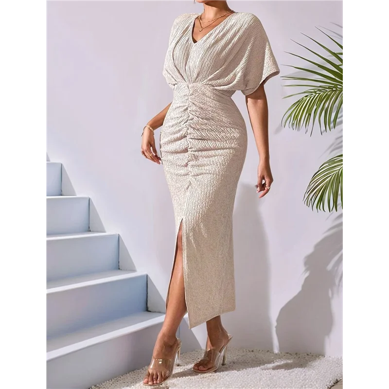 

ASDS-Womens Metallic Faux Wrap Cocktail Dress Solid Color V-Neck Pleated High Slit Short Sleeve Midi Dress