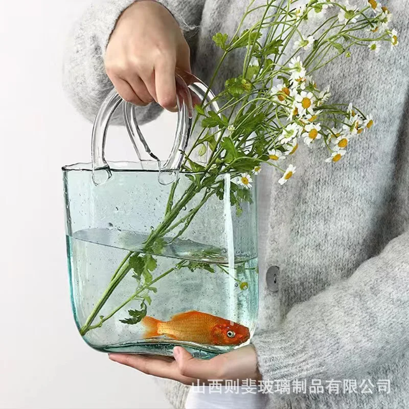 DSA Clear Bubble Handbag Glass Vase Creative Carrying Basket Water Culture Flower Arrangement Soft Decoration Crafts