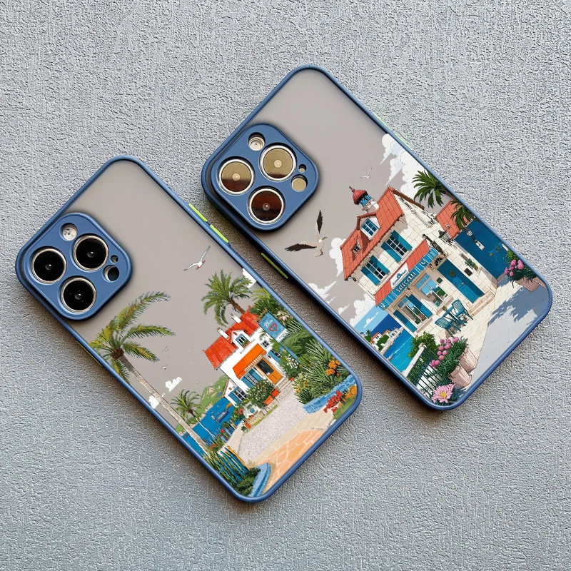 Strandlandschaft Küstenstadt Handyhülle für iPhone 17 15 16 14 Pro Max Plus 13 12 Mini 11 Pro Max XS XR X Blaue Hüllen – Detail 16
