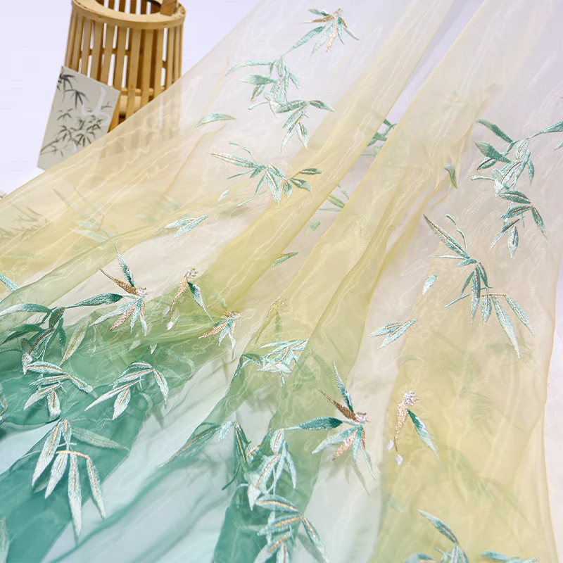 竹刺繍オーガンザ生地 DIY 馬の顔プリーツスカートチャイナ縫製グラデーションヘビー刺繍竹デザイン生地