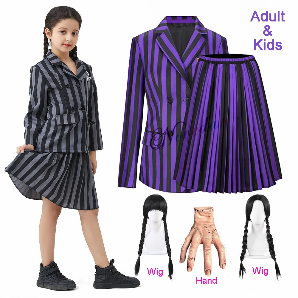 Day Kids Girls Women Nevermore Academy School Uniform Costume Cosplay Family Halloween Birthday Party Clothes parrucca