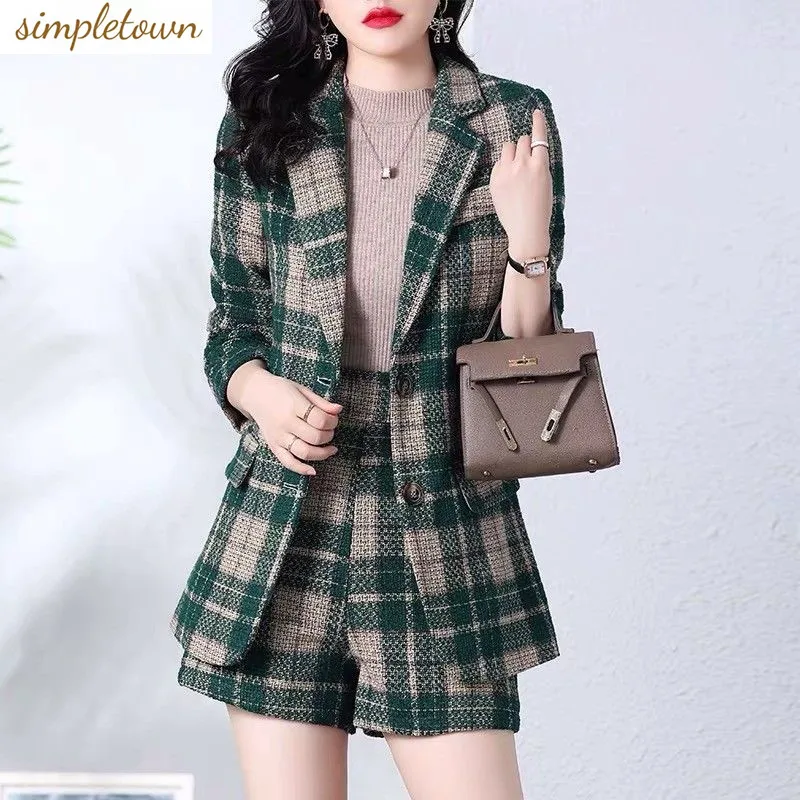 Checkered woolen small suit jacket for women spring and autumn new style high-end fashionable casual and stylish two-piece set