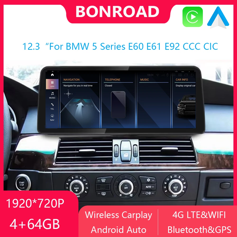 توصية وتحليل لجهاز وسائط متنقل للسيارة Bonroad 12.3 بوصة 1920720p مع دعم CarPlay وAndroid Auto لسيارة BMW 5 Series E60/E61/E92 (CCC CIC)