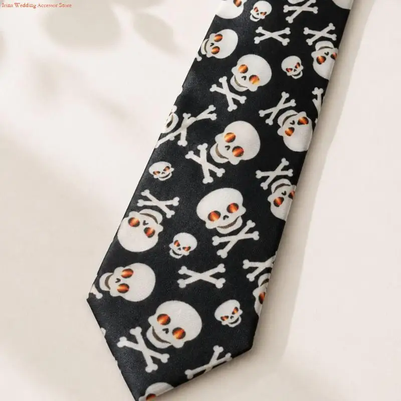G92D Skeleton Print Halloween Tie for Adults, Black Polyester Necktie with Pointed Tip for Costume Parties and Cosplay Looks