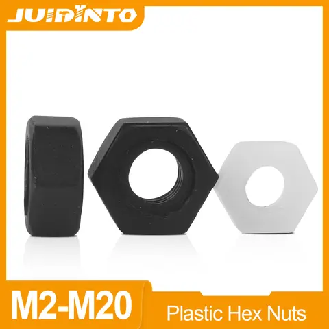 JUIDINTO 2-50pcs Plastic Nylon Hex Hexagon Nut M2 M2.5 M3 M4 M5 M6 M8 M10 M12 M14 M16 M18 M20 White Black Metric Hex Nut