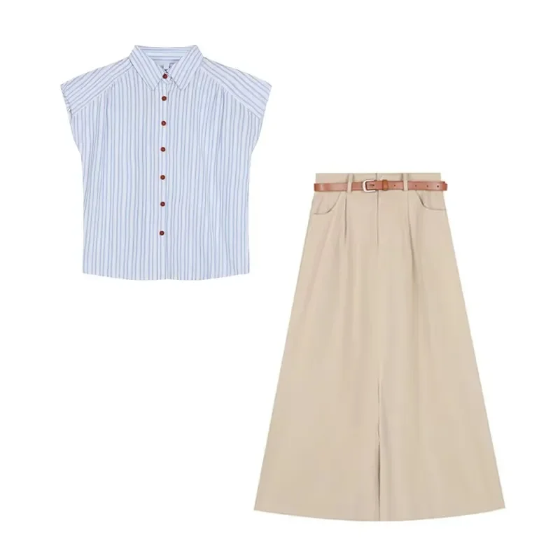 Fashion 2 Piece Sets Women Basic Striped Flying Sleeve Shirt and Khaki Skirt Summer Outfits 2024 New Sweet Two Pieces Skirt Suit