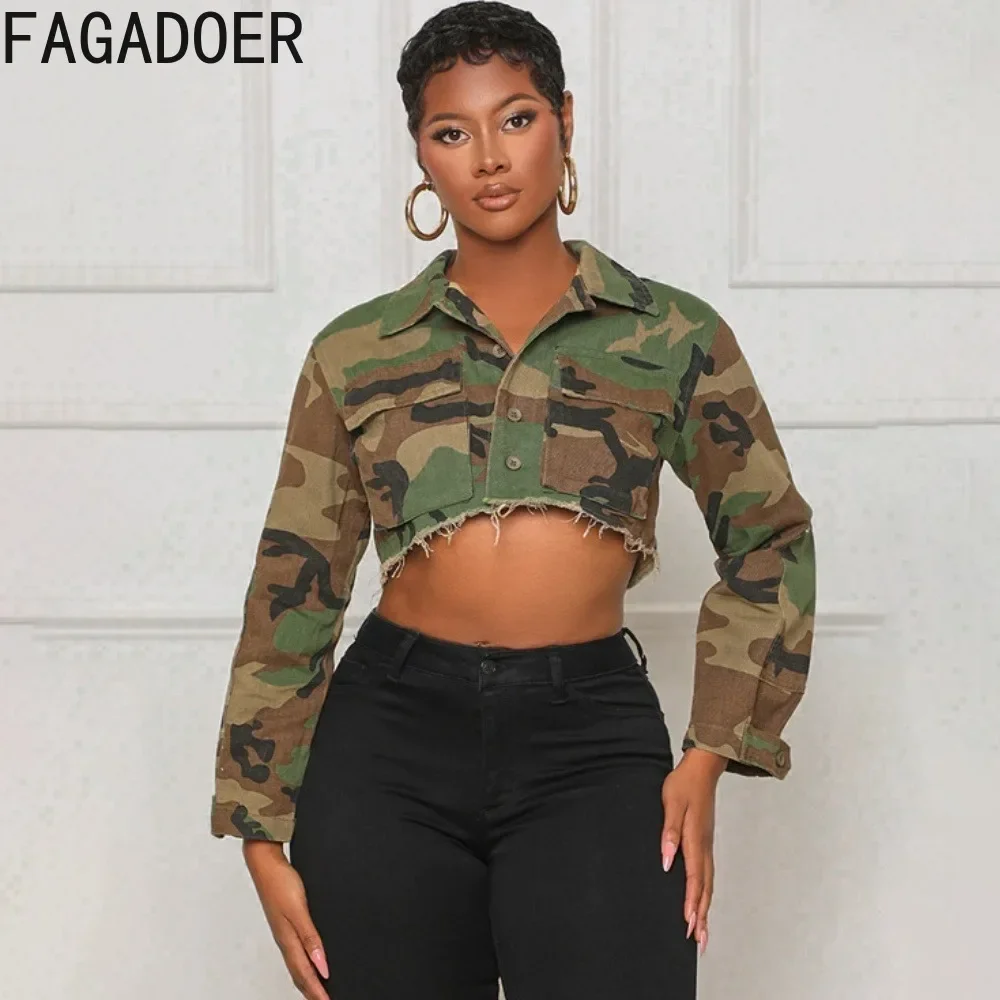 

FAGADOER Fashion Street Style Women Turndown Collar Button Long Sleeve Crop Top Casual Female Camouflage Print Matching Clothing