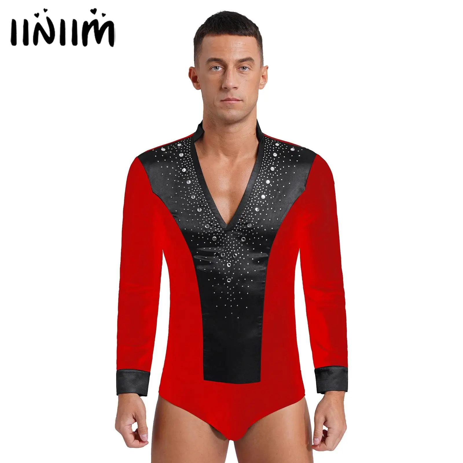 Mens Glittery Rhinestones Latin Dance Leotard Shirt Top Figure Skating Costume V Neck Long Sleeve Satin Bodysuit Ballroom Shirts