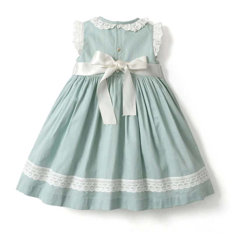 2025 White Lace Baby Girls Summer Birthday Dresses Classy Flying Sleeves Children Green Dress Round Neck Bandage Holiday clothes