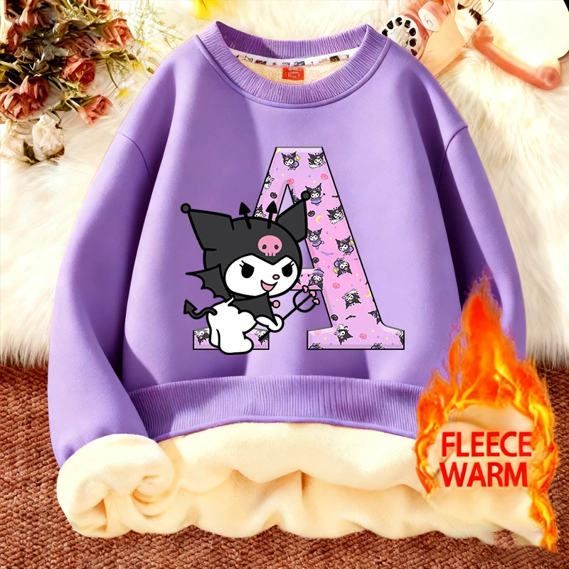 

Kuromi Children's Wool Round Neck Hoodie Kawaii Anime Letters A-Z Sweatshirt Kid Warm Plush Thick Home Clothing Tops Xmas Gifts