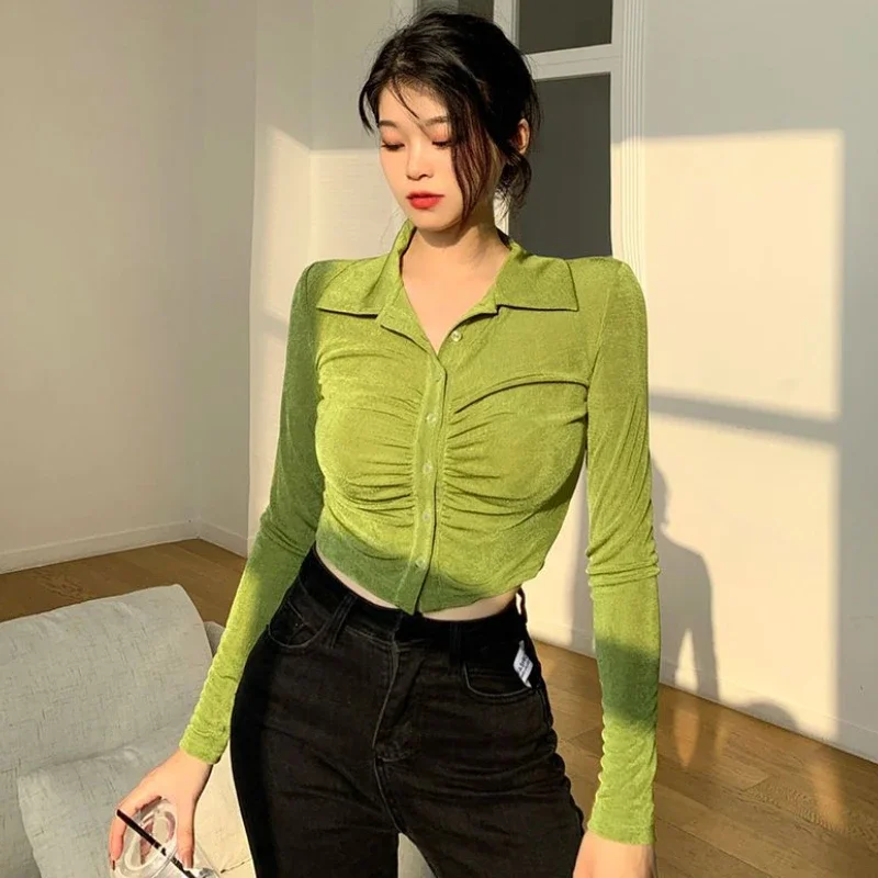 

Shirts Women Ins Casual Soft Shirring Tops Crops Design Blusas Long Sleeve European Retro Style Slim Popular All-match Harajuku