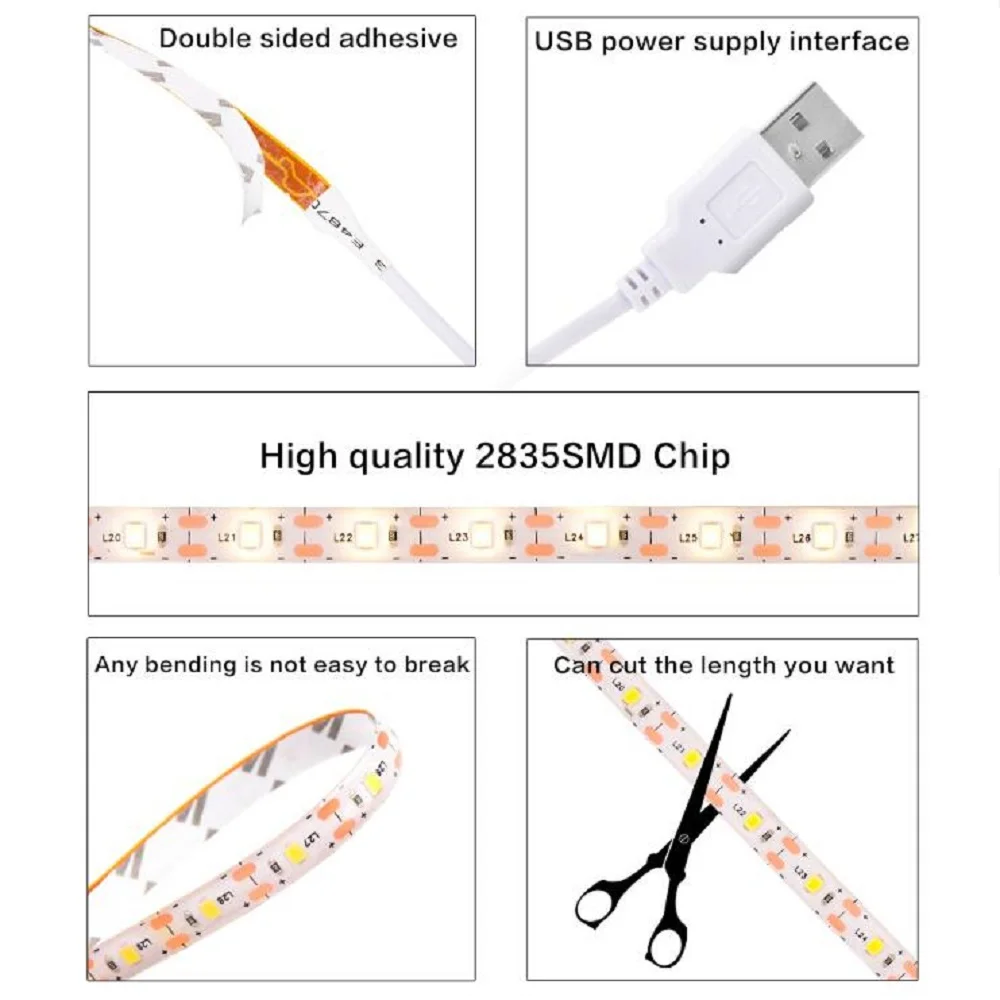 1M/3M/5M USB LED Strip Light 5V 30LEDs/m 2835 Dimmable Flexible Lamp Tape For TV Backlight Room Kitchen Lighting Lamp Decoration