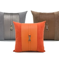 light luxury grey/orange/coffee color cushion cover pu leather suede patchwork pillowcase decorative buckle waist pillow cover