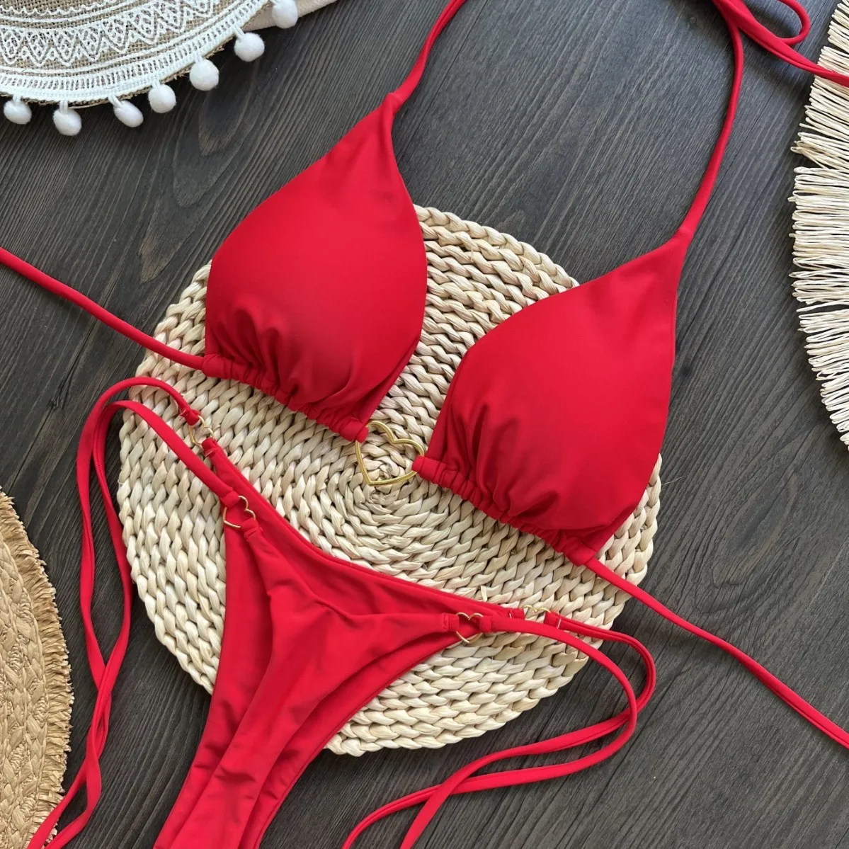 

2026 New Nylon Solid Heart Bikini Set Low Waist Tied Sexy Solid Black Micro Bikini Sets Two Piece SuitFashion Biquini Beachsuit