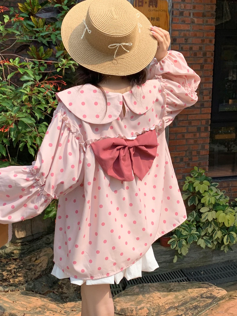 Japanese Sweet Cute Loose Shirt Women Peter Pan Collar Puffed Sleeves Pink Polka Dot Big Bowknot T-shirt Casual Long-sleeve Top