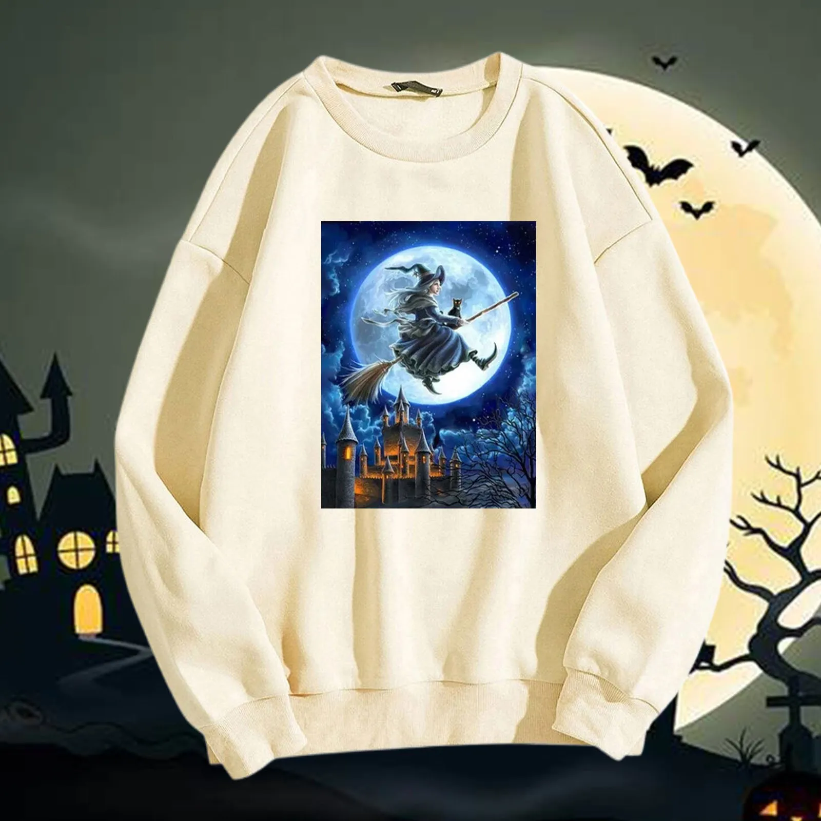 2024 Nowa damska bluza z kapturem na Halloween z nadrukiem czarownicy Okrągły dekolt Długi rękaw Casual Pullover Trend Moda Wygodna ciepła bluza z kapturem