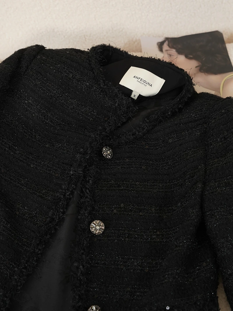 Ele Thi Tweed Bla Sequin Trim Hand Knitted Fringe Spring Autumn Women's Jaet Top Stand Fit Luxury Sle Polyeste...