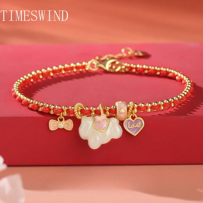 

TIMESWIND оригинальный нефритовый белый лошадь любовь бант эмаль женский S925 красный веревочный тканый браслет модные украшения с сертификатом