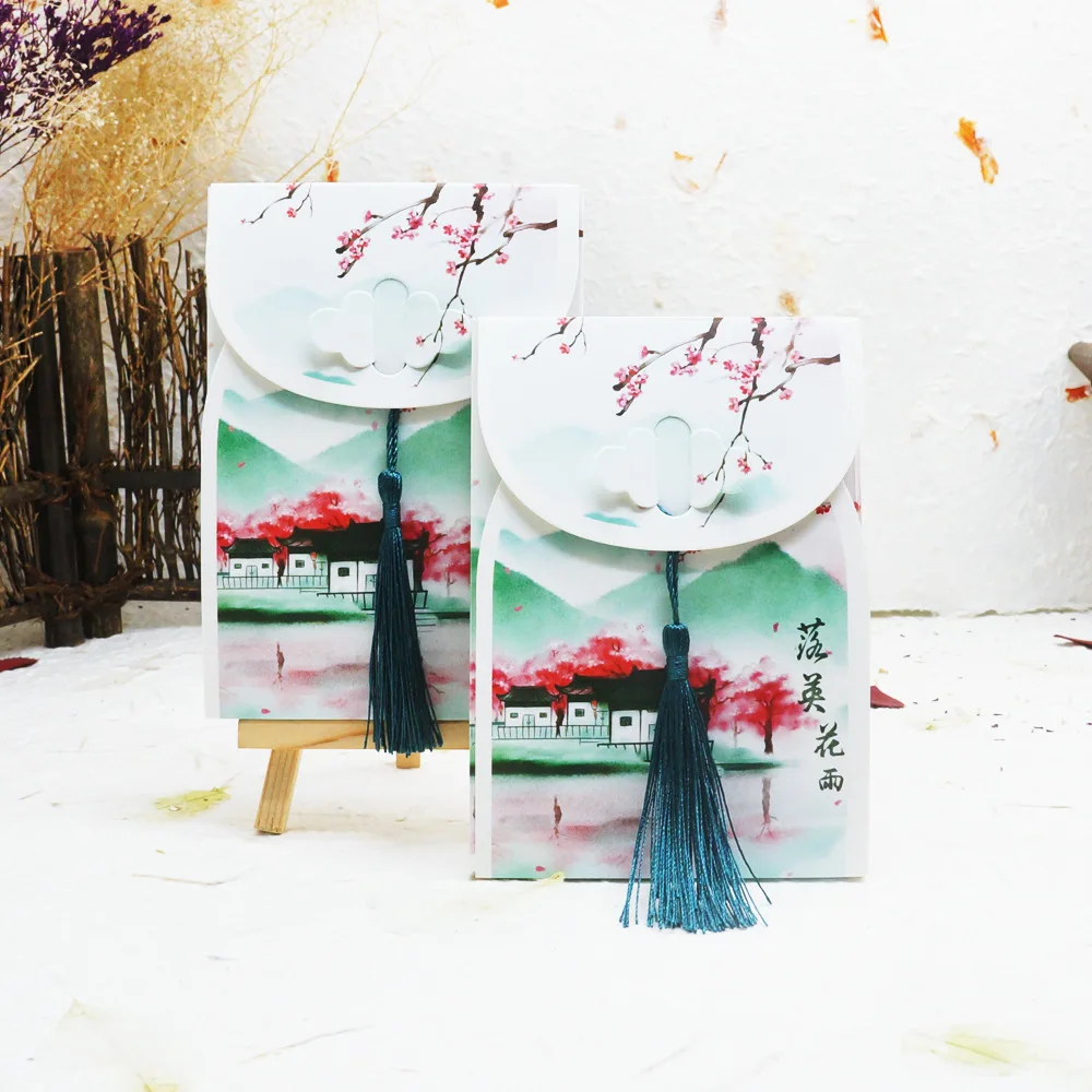 16PCS Chinese Ancient Style Postcard Set with Tassel Watercolor Ink Wash Peach Blossom Village Landscape Collectible Cards