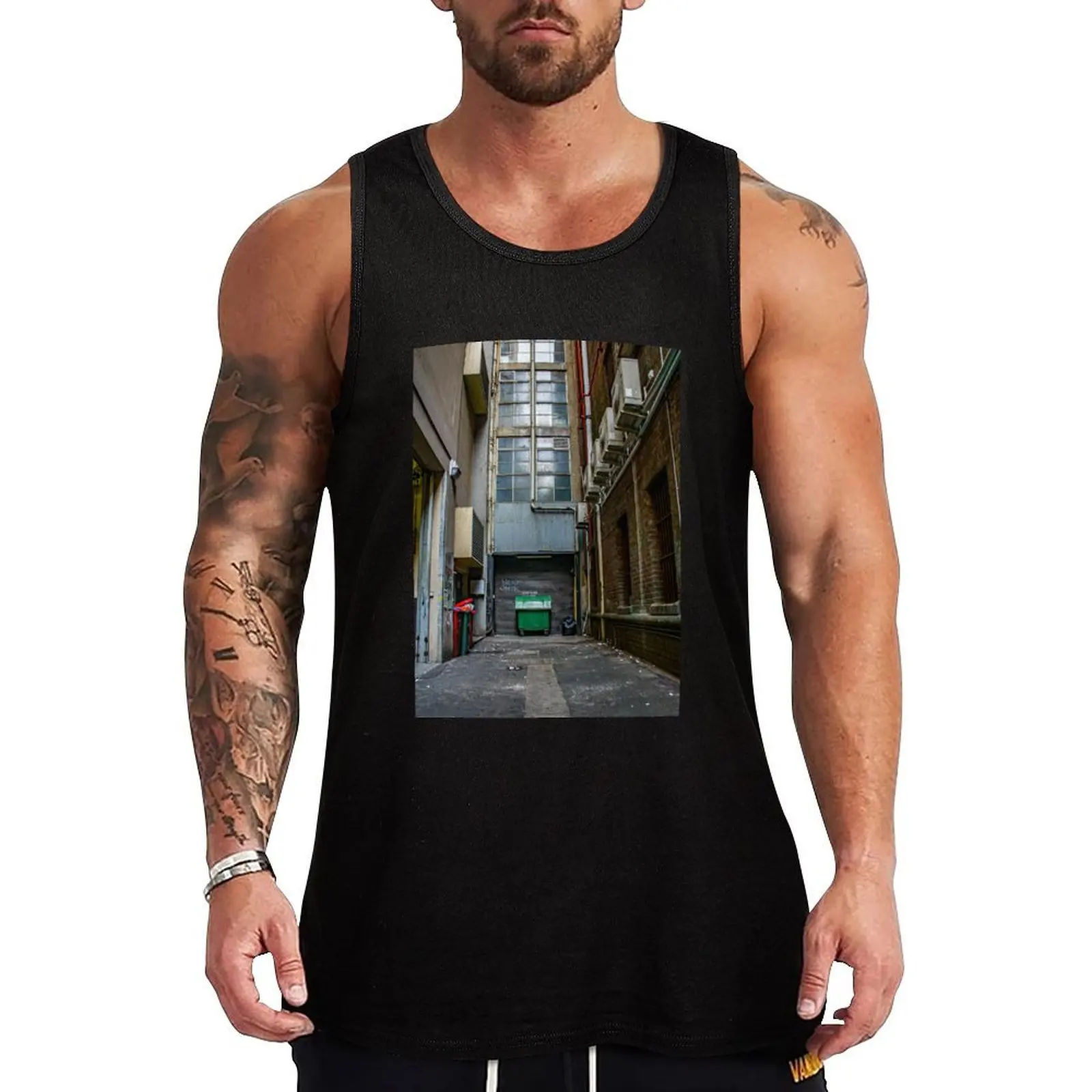 

End of a city laneway lined with windows and air conditioners Tank Top t-shirt for men sleeveless shirts bodybuilding men