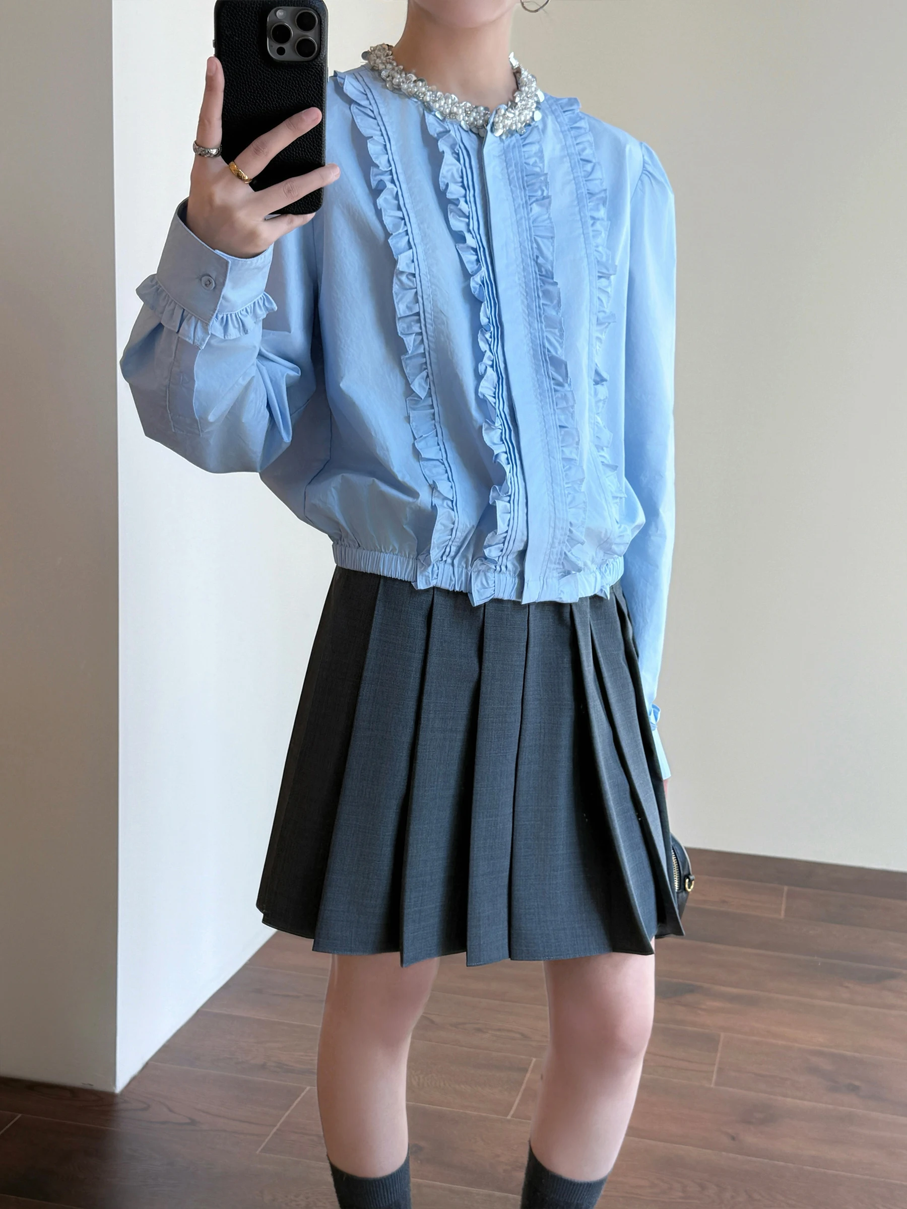 

Tasyavan Heavy Duty Ruffle Waist Shirt Pleated Elastic Waist Half Skirt Sweet Three Dimensional Earlet Lace Trim Cotton Blend