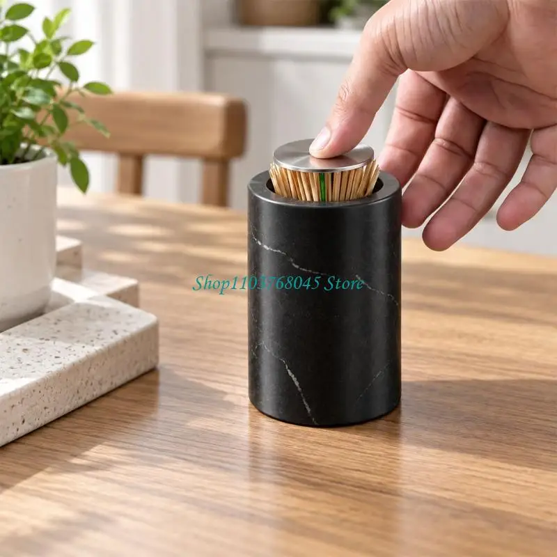 R53F Enclosed Toothpick Container with Natural Marble Body, Steel Push Top, Automatic Retractable Toothpick Dispenser Container