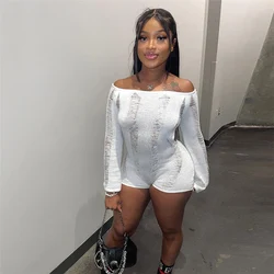Summer One Word Collar Rip Romper Women See Through Backless Sexy Skinny Fitness Playsuit Activity Party Clubwear