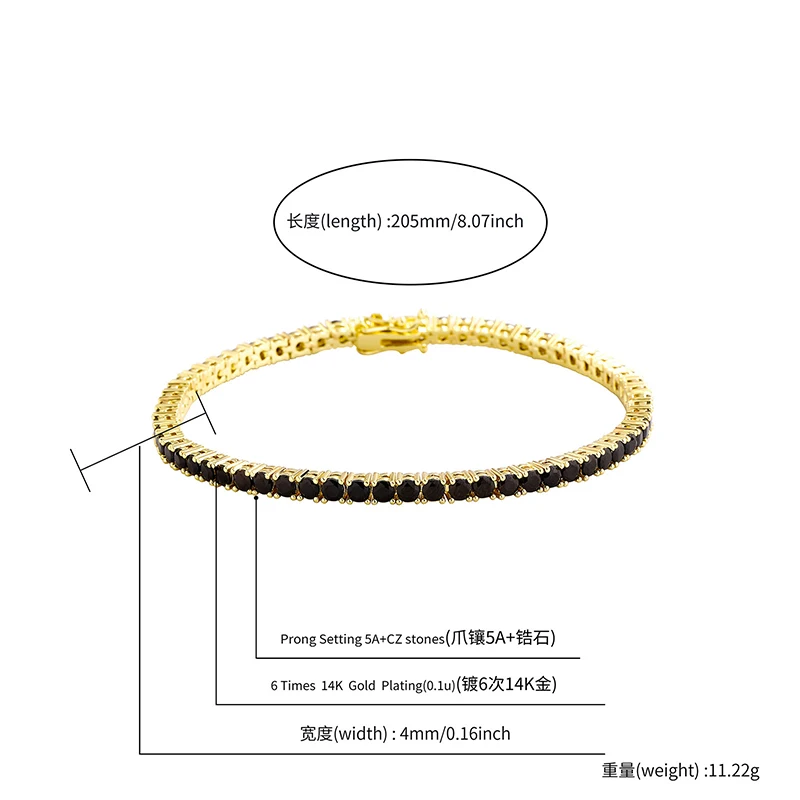 3-5mm Hip Hop Black Zircon Paved Bling Iced Out 1 Row CZ Tennis Chain Necklace Chokers Necklaces for Men Women Rapper Jewelry
