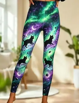 Women Mid‑Rise Fleece Lined Leggings, Halloween Mystic Galaxy Cat Moon Tribal Print Slim Elastic Trousers view 2