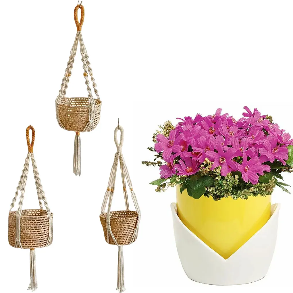 2024 New Portable Grass Woven Hanging Flower Baskets Woven Hanging Green Plant Potted Flower Basket Hanging Flower Pots