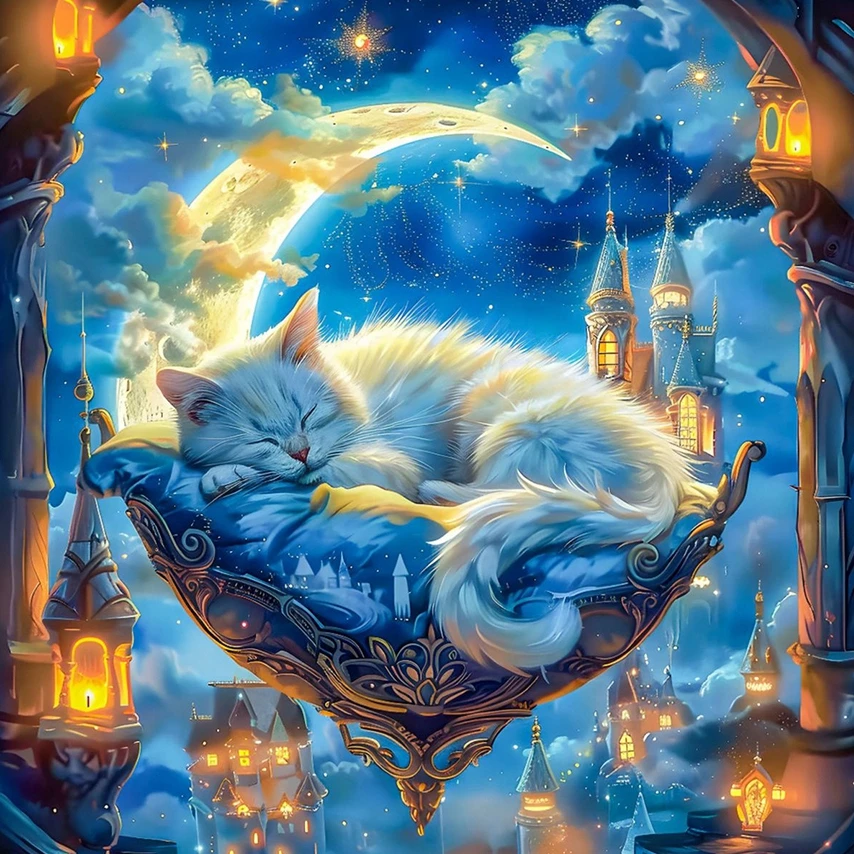 

Fantasy Cat Moonnight Diamond Painting Kit Landscspe Full Round Diamond 5D DIY Embroidery Cross Stitch Gift Drill Art Home Docer