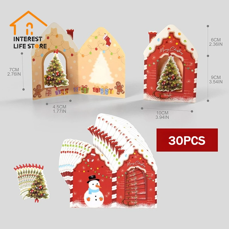 

30Pcs Christmas Greeting Card Creative House 3D Shape Postcard Card Merry Christmas New Year 2026 Gift Cards Decoration for Home