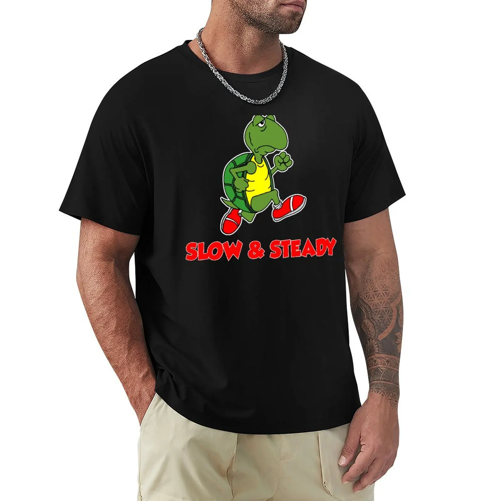 

Slow And Steady Running Turtle Cartoon On Dark T-Shirt vintage clothes sweat vintage graphic tee plus size clothes men clothes
