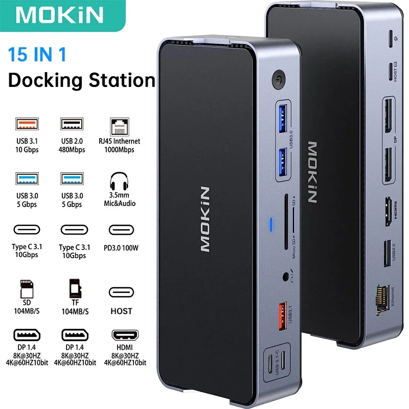 MOKiN 15 IN 1 USB C Docking Station 8K 30hz HDMI Ports 3 Monitors USB 3.1 100W PD SD&TF USB C Dock for Laptops MacBook Lenovo PC