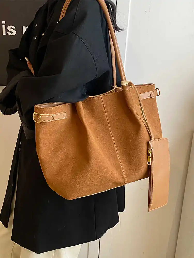 

Vintage Suede Tote Bags For Women Autumn New Large Capacity High-grade Commute Underarm Bags Fashion Niche Travel Handbags