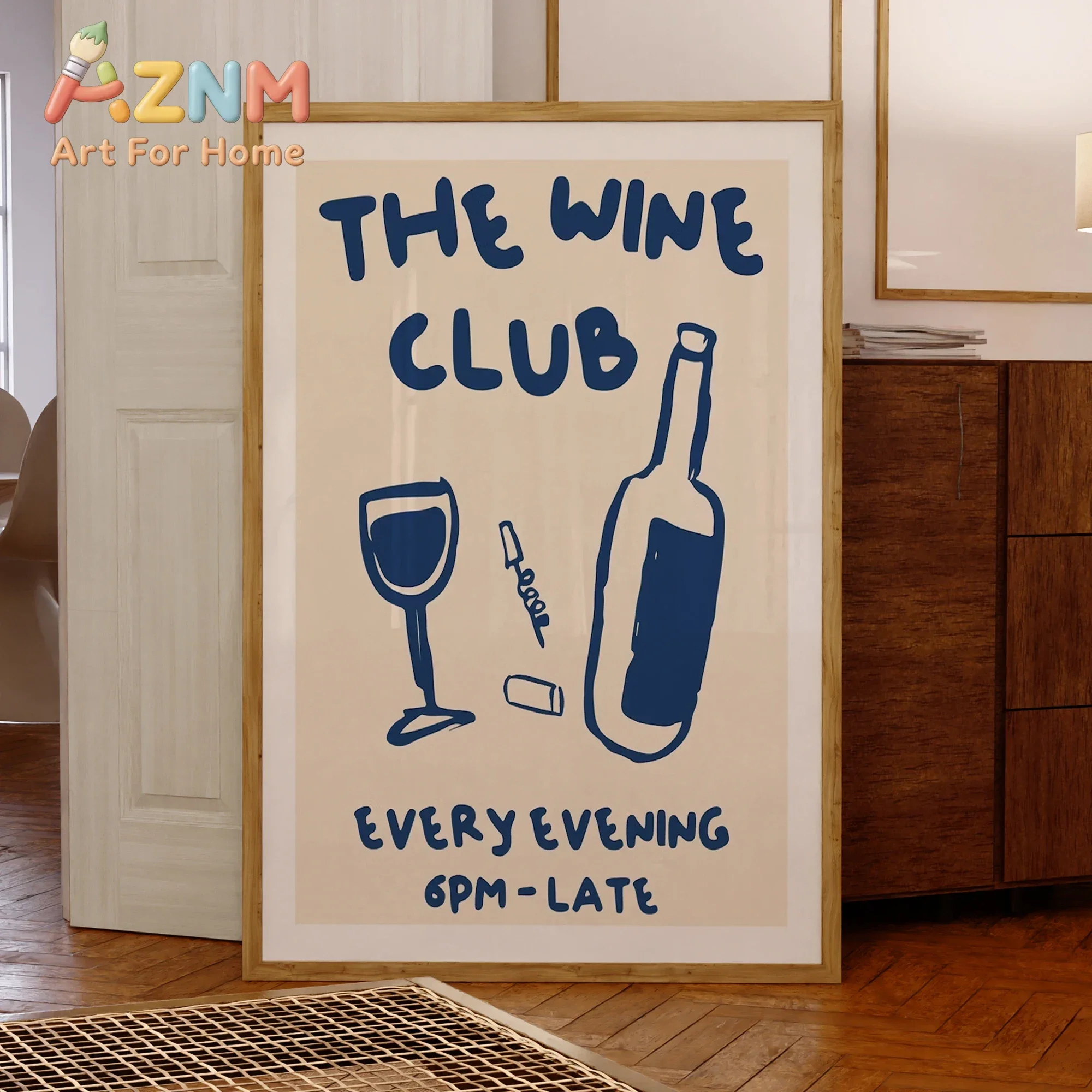 AZNM The Wine Club Every Evening 6PM Late Canvas Wall Art, Navy Blue Hand Drawn Wine Bottle Glass Print, Frameless Canvas Poster