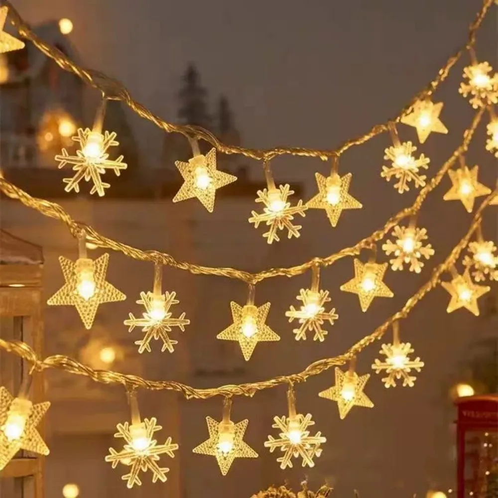1.5M/3M Battery Box Christmas Star Snowflake Shaped Fairy Light String, Indoor Holiday Party Balcony Window Lighting Decoration