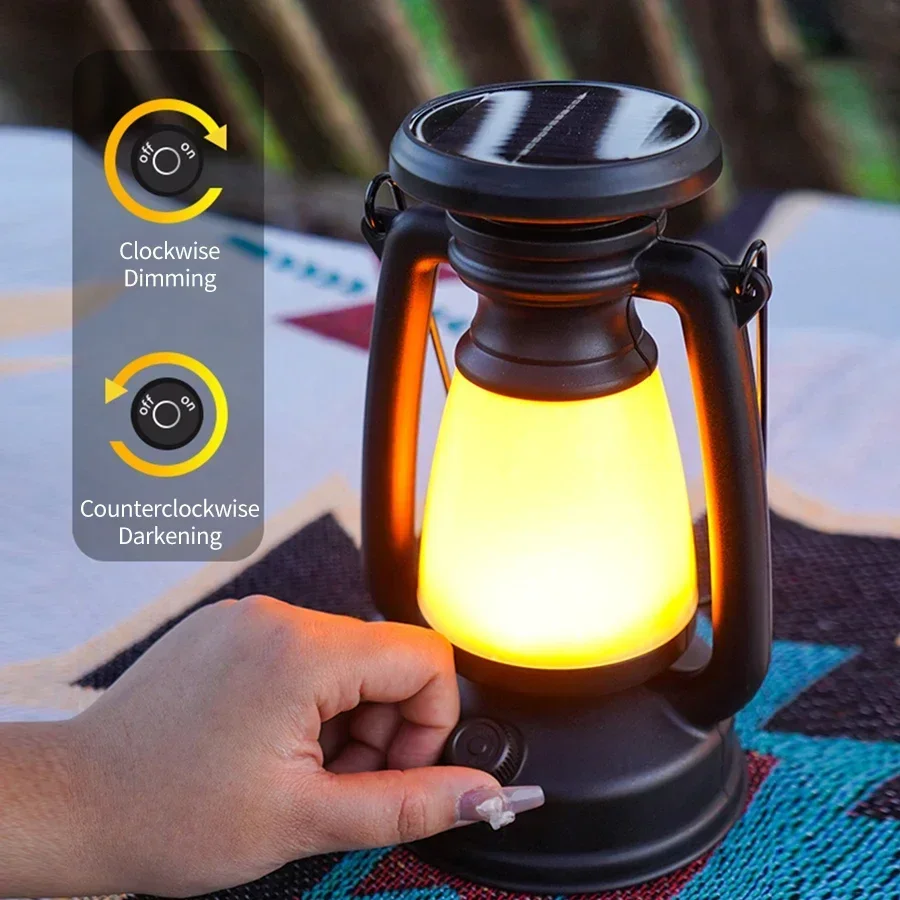 Lumières de camping en plein air rechargeables USB, lumière de tente rétro, 3 modes d'éclairage, gradation en continu, portable, randonnée, pêche, lumière solaire