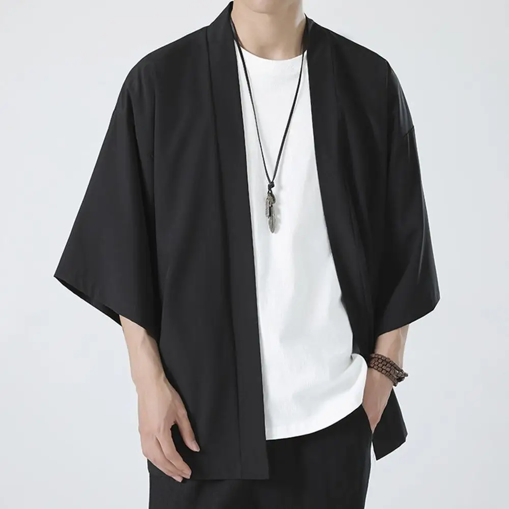 

Casual Lightweight Summer Men Cardigan Ice Silk Black Chinese Style Clothing Loose Sunscreen Japanese Kimono Shirt