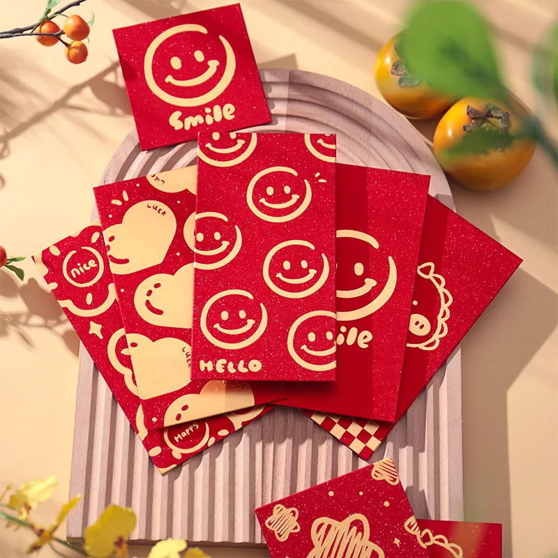 6Pcs Square Rectangle 2025 Chinese New Year Red Envelope Stamp Design Shining Spring Festival Red Pocket Hot Stamping Cute Smile