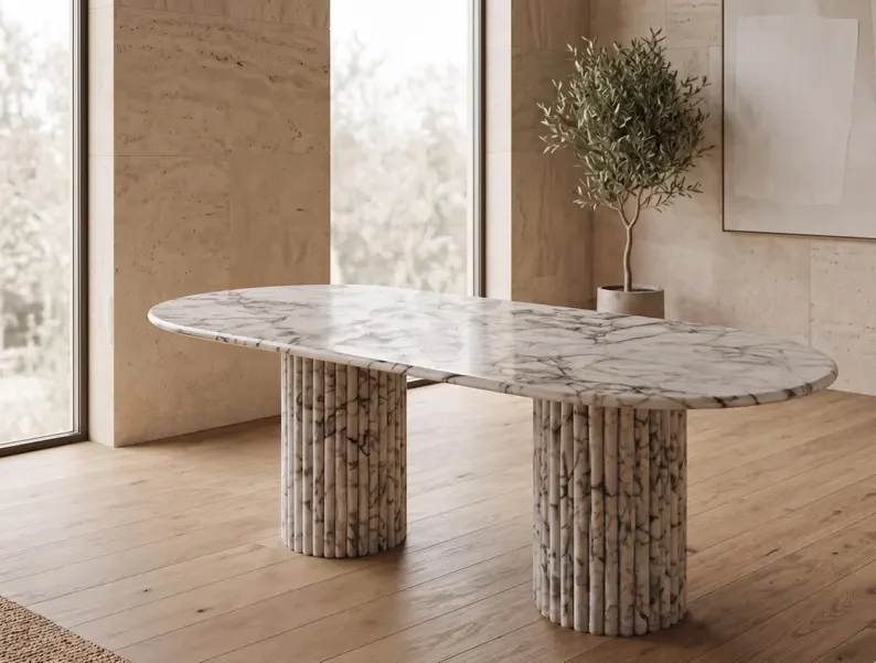 Modern Luxury Calacatta Viola Marble Dining Table with Fluted Twin Bases Oval Bvlgari Stone Table for Villa Decor