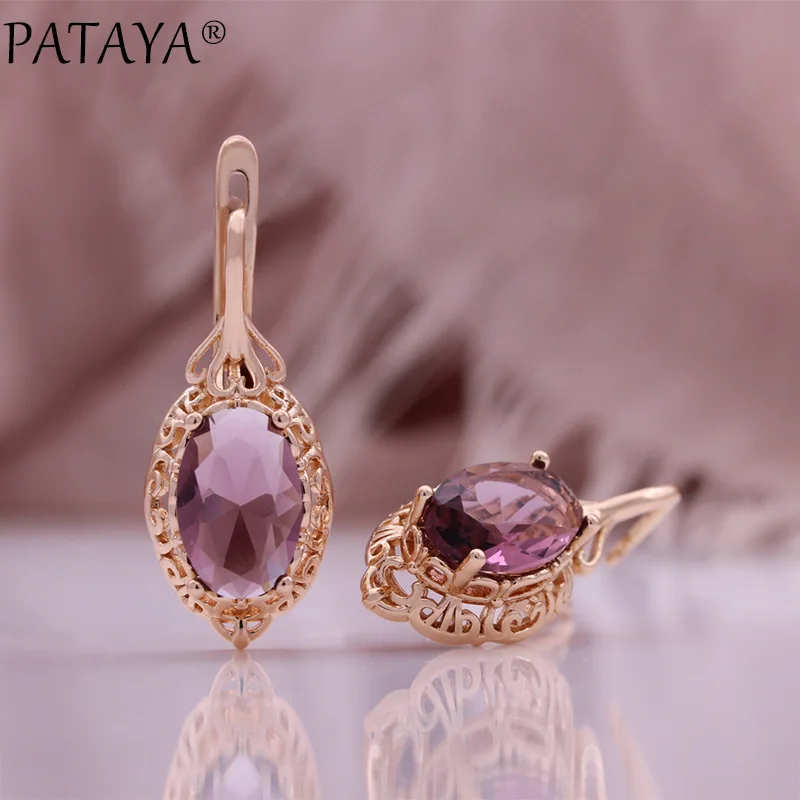 PATAYA Hot Elliptical Natural Zircon English Earrings for Women 585 Rose Gold Color High Quality Daily Jewelry